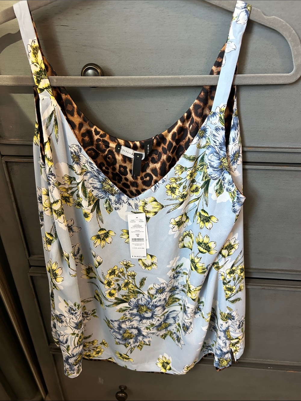 White House Black Market Pale Blue Floral Cami with Leopard Trim- reversible